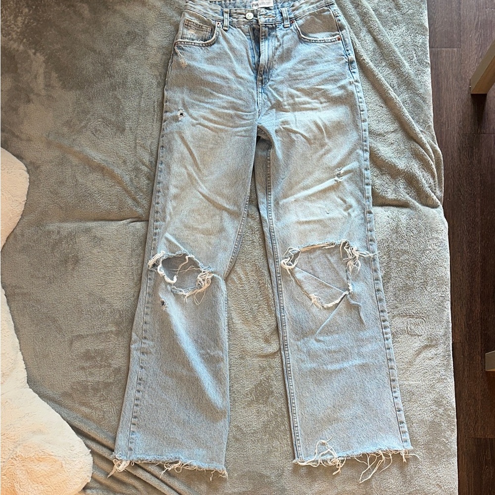 Zara Light Blue Distressed Straight Leg Jeans